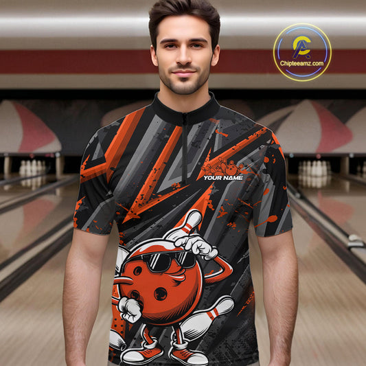 Black And Orange Funny Custom Bowling Jerseys, Cool Bowling Quarter-Zip Shirts For Men IPHW9363
