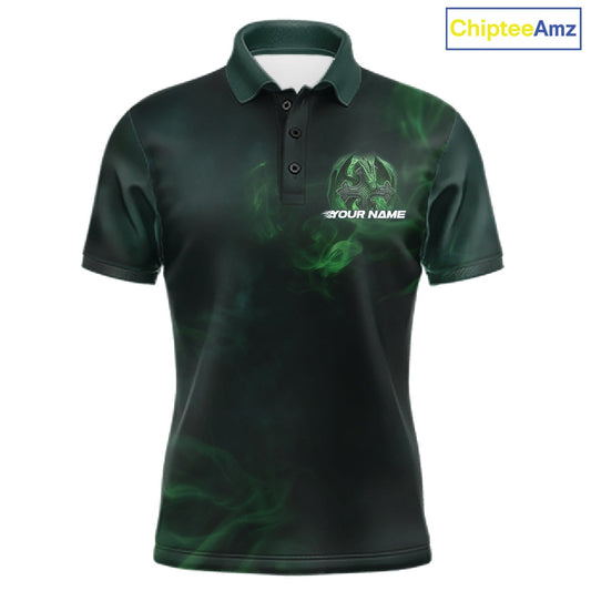 Custom Green Flame Celtic Cross Dragon Bowling Team Shirts, St Patricks Day Faith Bowling Tournament Shirts IPHW10507