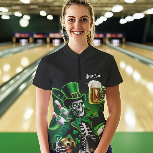 Custom Funny St Patricks Day Leprechaun Skull With Beer Bowling Team Quarter-Zip Shirts IPHW8603