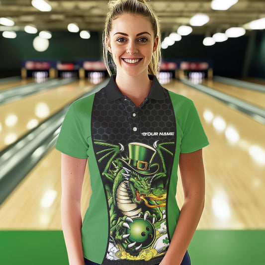 Custom Black And Green St Patricks Dragon Bowling Womens Polo Shirt, Lucky Dragon Bowling IPHW8608