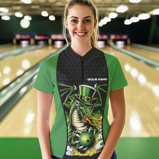 Custom Green St Patricks Dragon Bowling Womens Quarter-Zip Shirts, Lucky Dragon Bowling IPHW8608