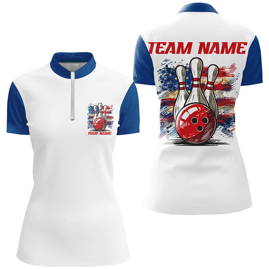 Vintage American Flag Custom Bowling Shirts For Bowler, Patriotic Bowling Shirt For Women IPHW6612