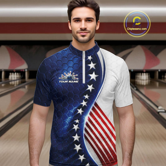 Custom Patriotic Bowling Shirt, Red White And Blue Hexagon American Flag Men Quarter Zip Shirt IPHW11640