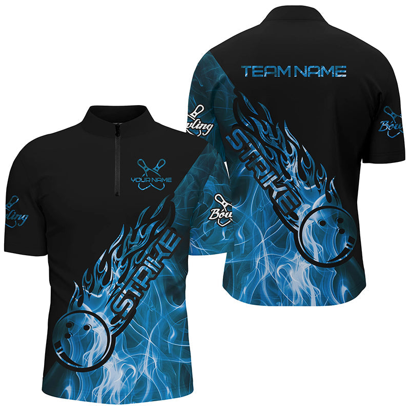 Custom Blue Flame Bowling Shirts For Men, Bowling Team Shirts Bowling Strike IPHW7155