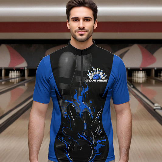 Custom Black And Blue Flame Bowling Quarter-Zip Shirts For Men, Fire Bowling League Shirt IPHW8620