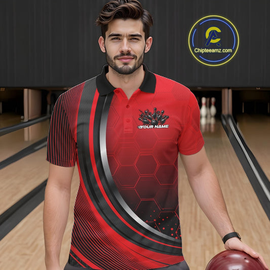 Male model in a bowling alley wearing a black and red polo shirt with honeycomb accents and a dynamic flame bowling ball hitting pins design.