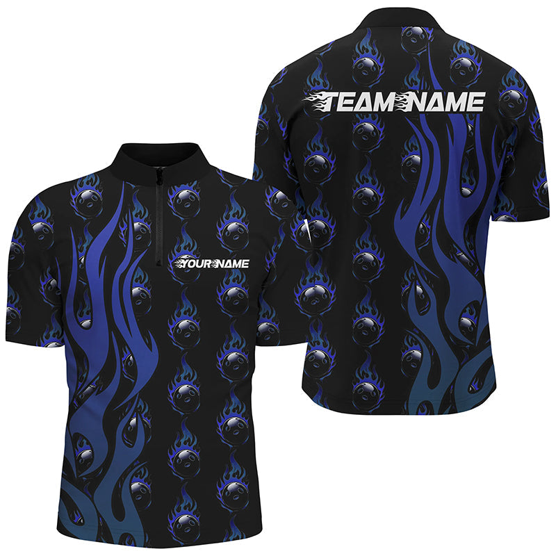 Custom Blue Flame Bowling Shirts For Men, Bowling League Shirts With Team Name IPHW6970