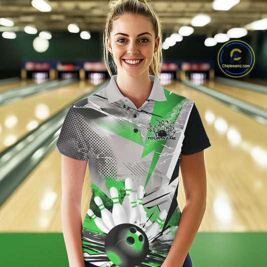 Custom Green And Gray Geometric Bowling Jerseys Bowling Team Polo Shirts For Women IPHW9510
