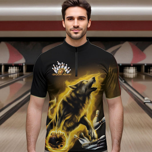 Custom Yellow Fire Flaming Wolf Bowling Quarter-Zip Shirts For Men, Wolf Bowling Tournament Shirt IPHW8430
