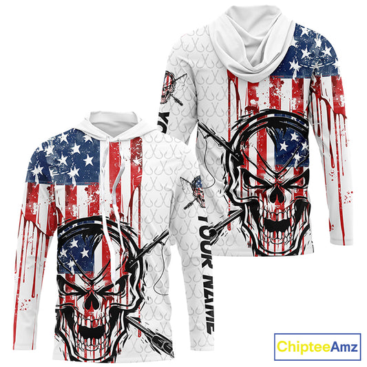 American Flag Fishing Skull Custom Long Sleeve Fishing Shirts, Patriotic Fishing Jerseys IPHW6996