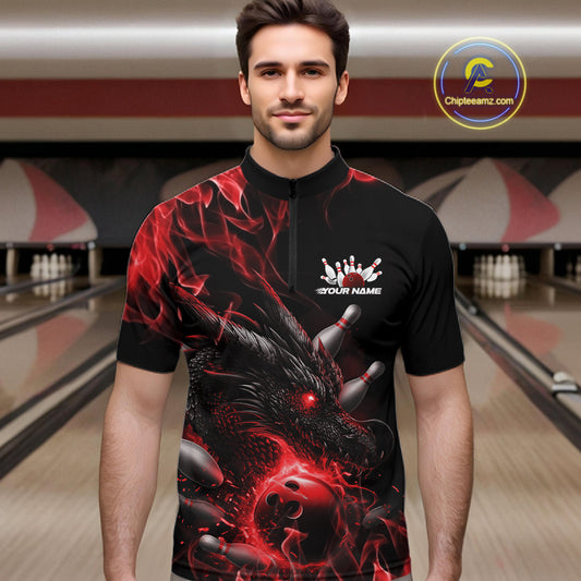 Custom Black And Red Flame Dragon Bowling Men Quarter-Zip Shirt, Dragon Bowling League Shirt IPHW10272