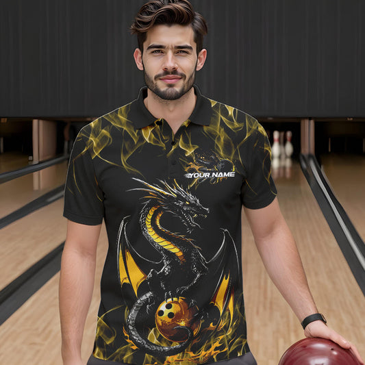 Custom Black And Gold Flame Dragon Bowling Team Polo Shirts For Men, Bowling League Shirt IPHW8653