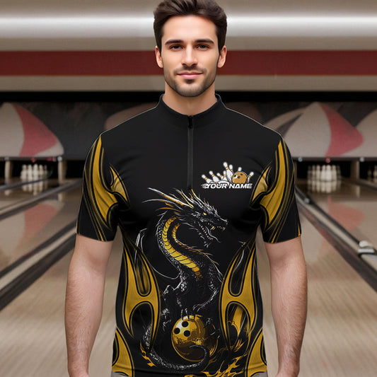 Custom Black And Gold Flame Dragon Bowling Tournament Quarter-Zip Shirts For Men, Bowlers Outfits IPHW8658