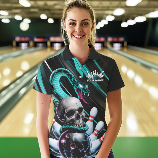 Custom Black And Blue Snake Skull Bowling Polo Shirts For Women, Bowling Team Shirt IPHW8669