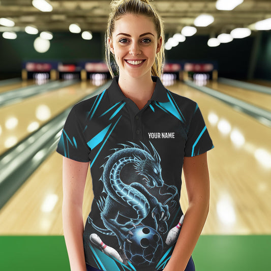 Custom Black And Blue Dragon Bowling Polo Shirts For Women, Dragon Bowling League Shirt IPHW8675