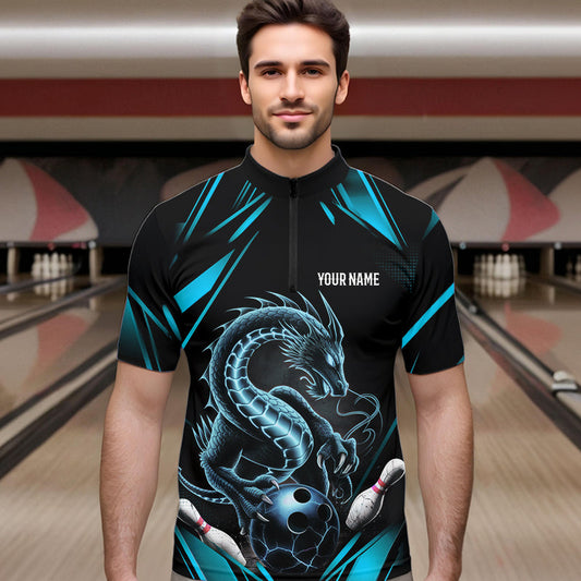 Custom Black And Blue Dragon Bowling Quarter-Zip Shirts For Men, Dragon Bowling League Shirt IPHW8675