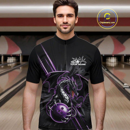Custom Black And Purple Dragon Bowling Quarter-Zip Shirts For Men, Dragon Bowling Team Shirt IPHW9538