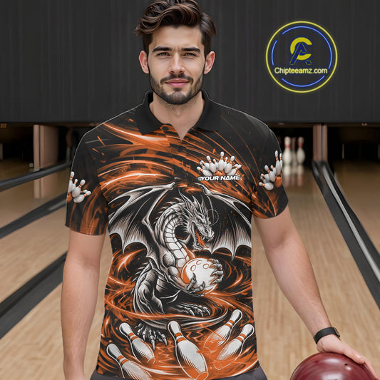 Custom Black And Orange Fire Flame Dragon Bowling Jerseys Bowling Team Men Polo Shirt IPHW10293