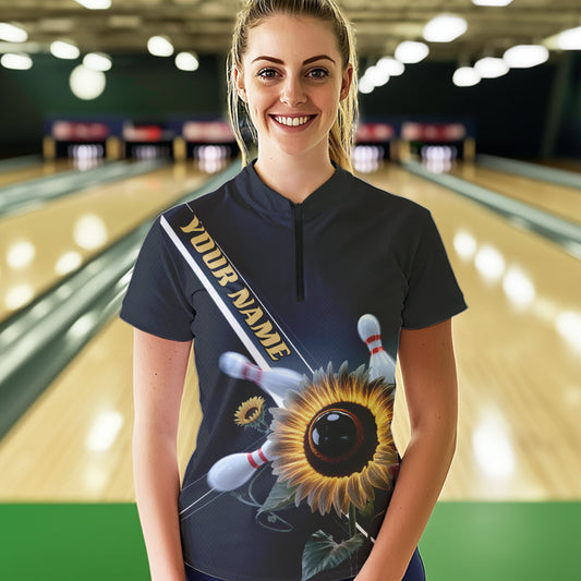 Custom Sunflower Bowling Quarter-Zip Shirts For Women, Sunflower Bowling Team Shirt With Name IPHW8438