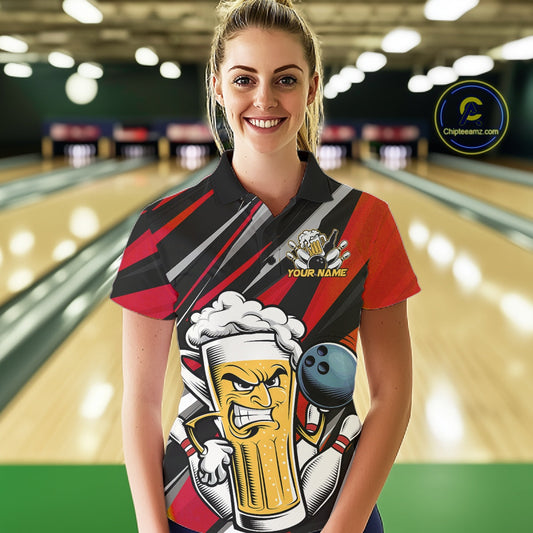 Custom Funny Red Bowling Jerseys Bowling And Beer Women Polo Shirts, Bowling Jerseys IPHW10532
