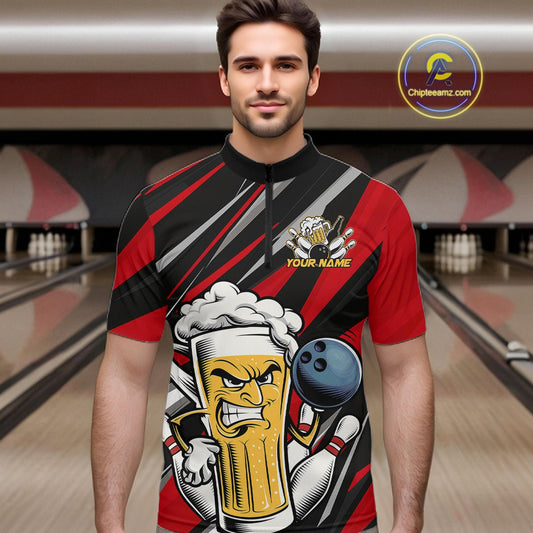 Custom Funny Red Bowling Jerseys Bowling And Beer Men Quarter-Zip Shirts, Bowling Jerseys IPHW10532