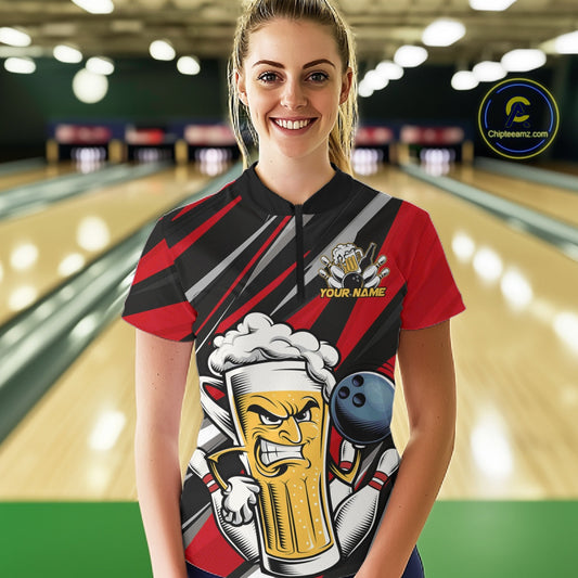 Custom Funny Red Bowling Jerseys Bowling And Beer Women Shirts, Bowling Jerseys IPHW10532