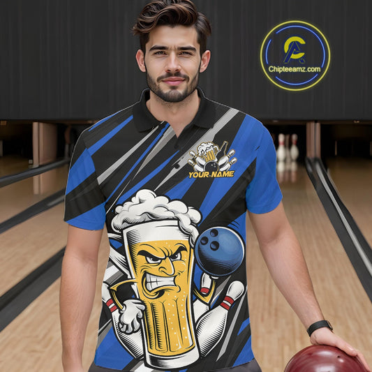 Custom Funny Blue Bowling Jerseys Bowling And Beer Men Polo Shirts, Bowling Jerseys IPHW10533