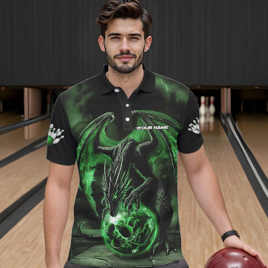 Black And Green Custom Bowling Team Polo Shirts For Men, Dragon Bowling League Shirts IPHW8691