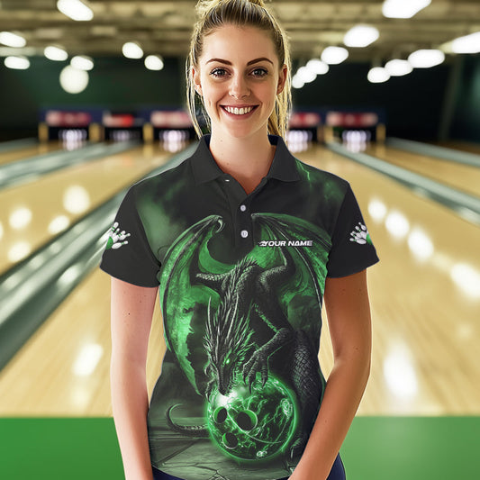 Black And Green Custom Bowling Team Polo Shirts For Women, Dragon Bowling League Shirts IPHW8691