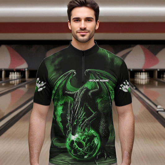 Black And Green Custom Bowling Team Quarter-Zip Shirts For Men, Dragon Bowling League Shirts IPHW8691