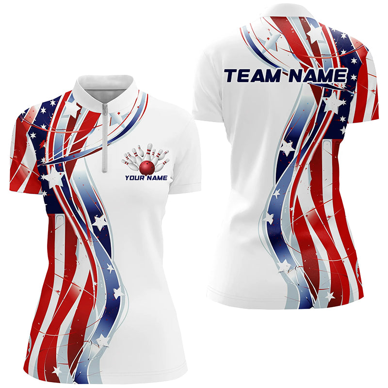 Custom American Flag Bowling Shirts For Women, Patriotic Bowling Team Jerseys For Bowlers IPHW6669