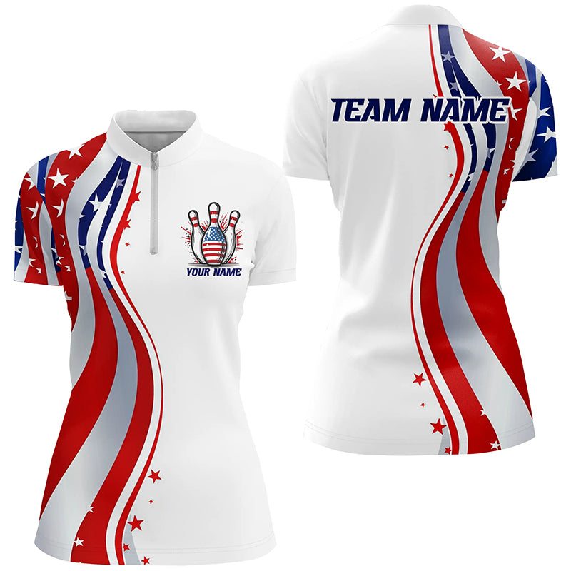 Personalized Patriotic Bowling Shirts For Women, Ameircan Flag Bowling Team Jersey Styles IPHW6670