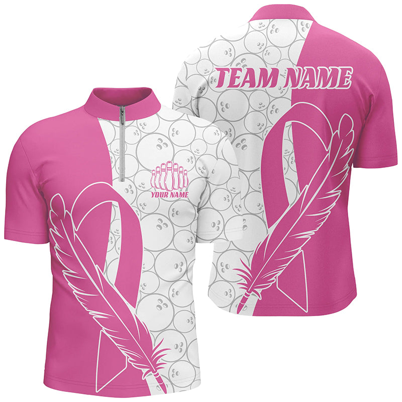 Feather Pink Ribbon Breast Cancer Custom Bowling Shirts For Men And Women, Pink Bowling Jerseys IPHW6673