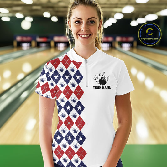 Custom Patriotic Argyle Pattern Bowling Women Quarter-Zip Shirt, Retro Bowling Shirt IPHW11665