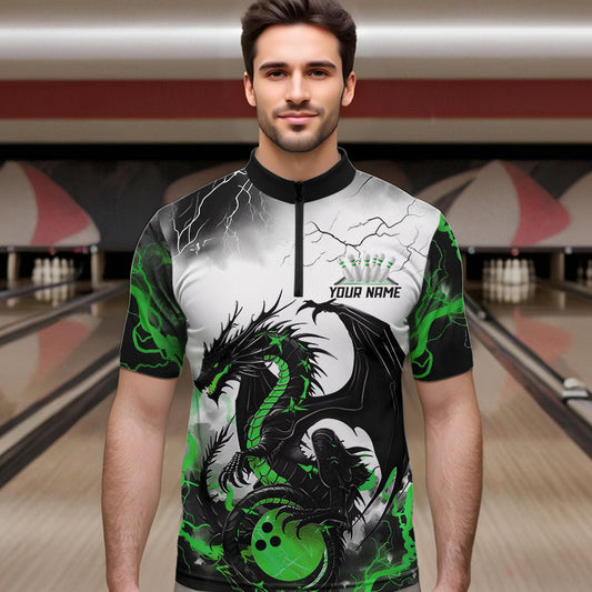 Black And Green Thunder Lightning Custom Dragon Bowling Men Quarter-Zip Shirts, Bowling Uniform IPHW8696