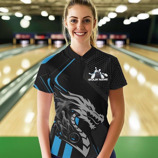 Custom Black And Blue Dragon Bowling Jerseys, Team Women Quarter-Zip Shirts Bowlers Outfit IPHW8700