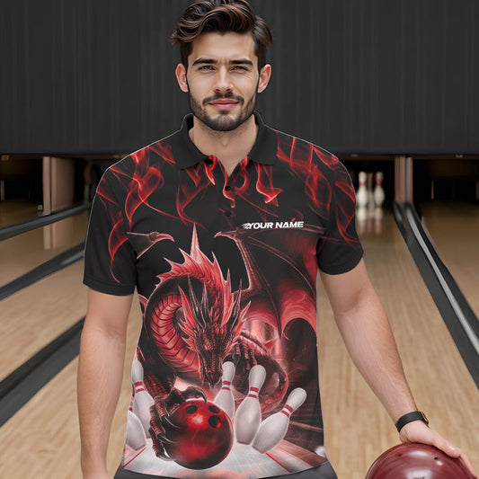Custom Red Flame Dragon Bowling Polo Shirts For Men, Dragon Bowling Team Jerseys IPHW8960