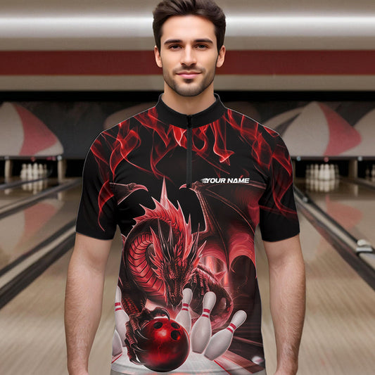 Custom Red Flame Dragon Bowling Quarter-Zip Shirts For Men, Dragon Bowling Team Jerseys IPHW8960