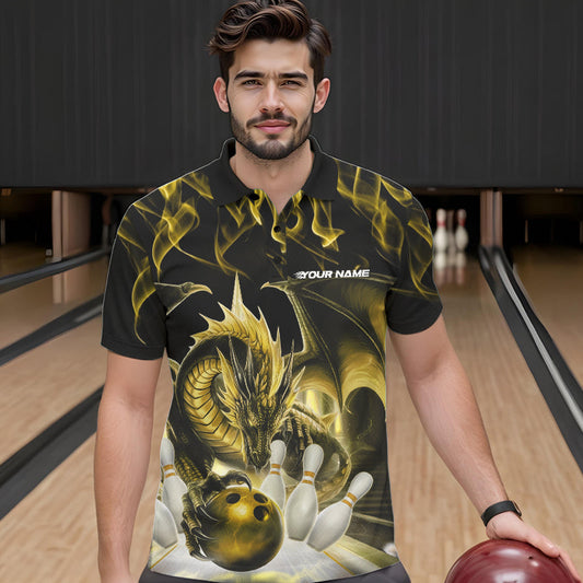 Custom Yellow Flame Dragon Bowling Polo Shirts For Men, Dragon Bowling Team Jerseys IPHW8962