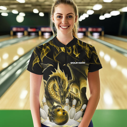 Custom Yellow Flame Dragon Bowling Women Quarter-Zip Shirts, Dragon Bowling Team Jerseys IPHW8962