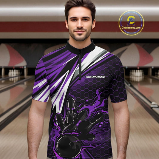 Custom Purple Flame Bowling Jerseys For Men, Hexagon Bowling Team Tournament Shirt IPHW10559