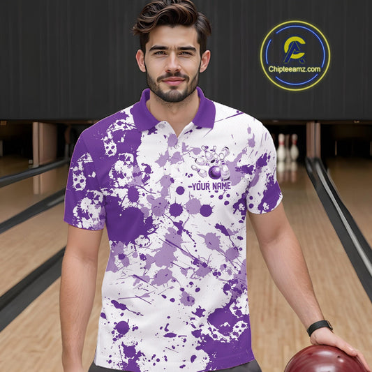 Custom Purple Splatter Bowling Team League Shirts For Men, Bowling Jerseys Bowler Outfit IPHW10595