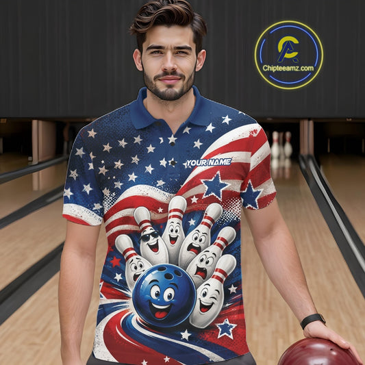 Front view of a male model wearing a bowling polo shirt featuring a funny bowling ball surrounded by cheerful animated pins with flowing American flag waves and scattered stars in a bowling lane.