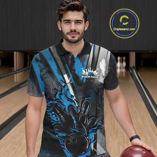 Custom Grunge Black And Blue Fire Flame Bowling Polo Shirts For Men, Bowling Team Uniform IPHW9556