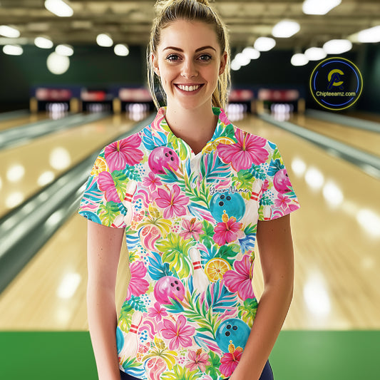 Custom Summer Tropical Flower Bowling Team Women Polo Shirts, Floral Bowling Shirt IPHW11689