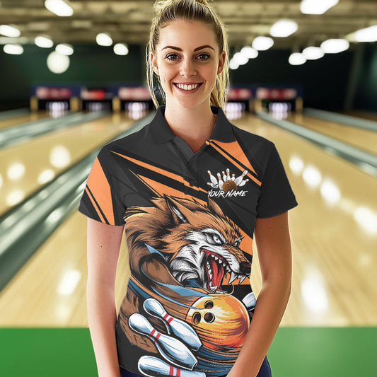 Custom Black And Orange Wolf Bowling Team Polo Shirts For Women, Wolf Bowling Jerseys IPHW8713