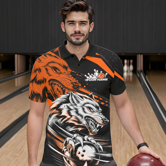 Custom Black And Orange Wolf Bowling Men Polo Shirts, Wolf Bowling League Shirt Team Uniform IPHW8715