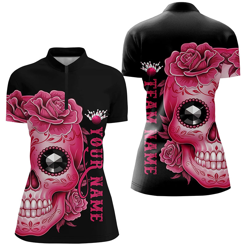 Pink Sugar Skull Tattoo Custom Ladies Team Bowling Polo Shirts, Halloween Team Bowling Jerseys IPHW6715