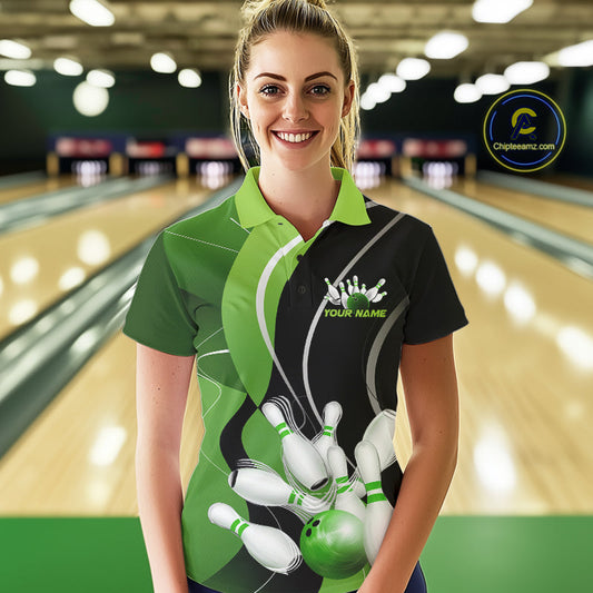 Custom Black And Green Bowling Jerseys, Women Bowling Polo Shirt Team Uniform IPHW9225