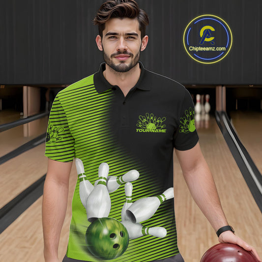 Custom Black And Green Bowling Polo Shirts For Men, Green Bowling Jerseys IPHW9400